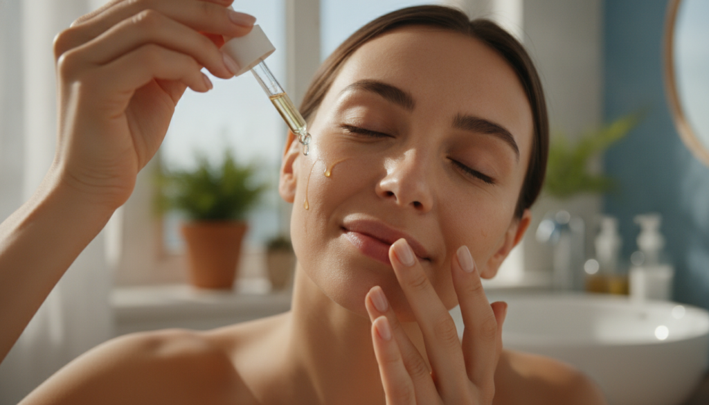A woman s hand gently applying a few drops of infused baby oil to her clean face massaging it into her cheek with a soft