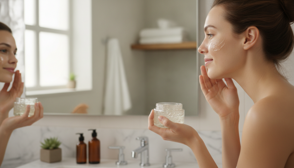 A woman gently applying a clear flaxseed gel to her clean face looking at her reflection in a well-lit bathroom mirror