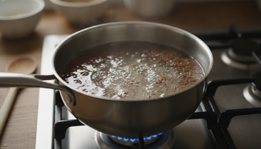 A close-up of a saucepan on a stove showing flaxseeds simmering in water creating a translucent thickening gel