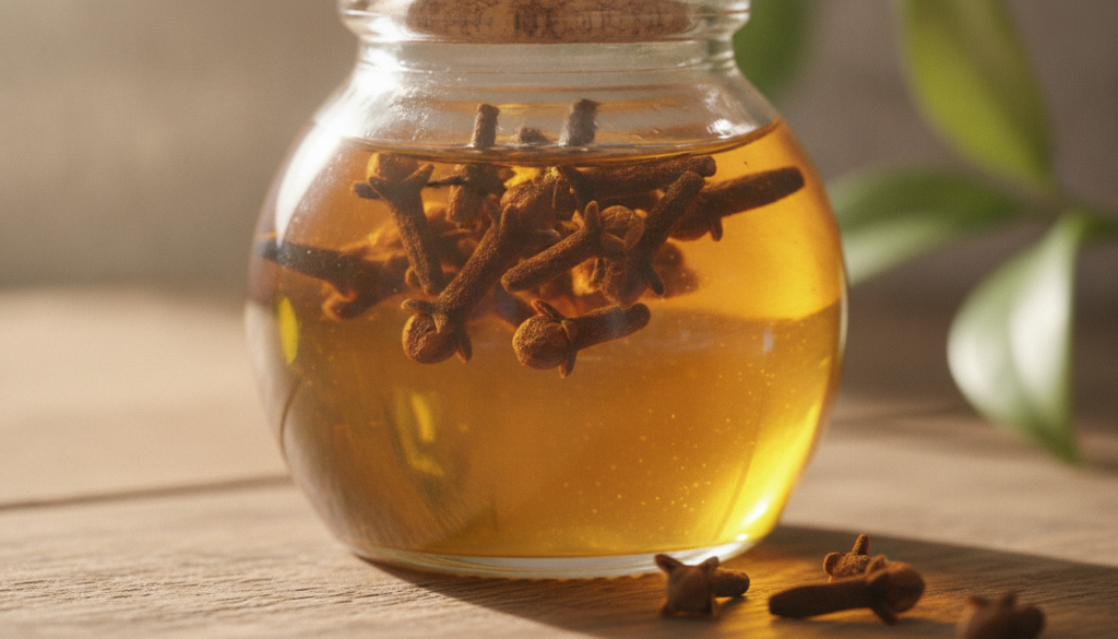 Close-up shot of cloves infusing in a light carrier oil in a glass jar perhaps in a warm water bath or by a sunny window