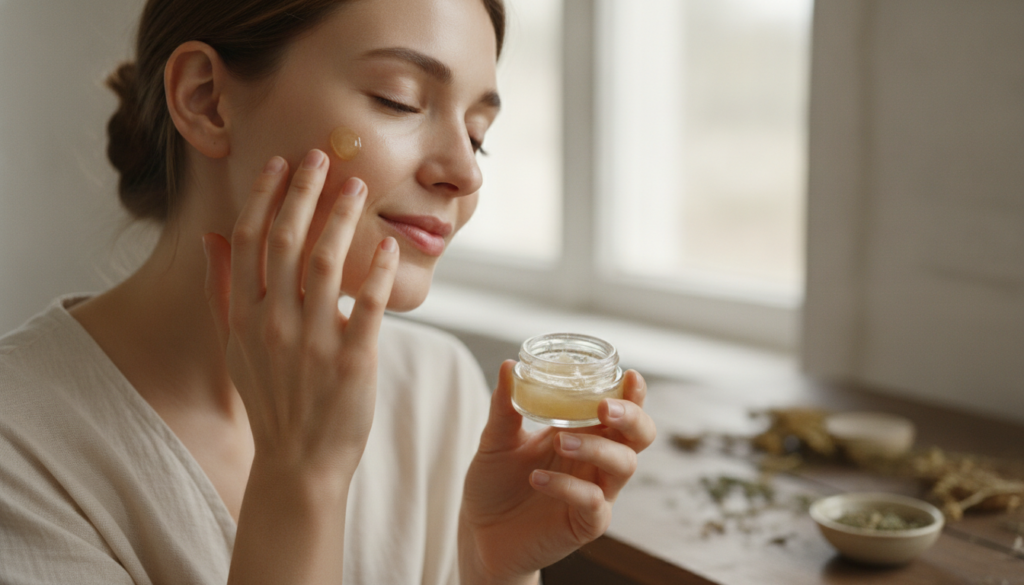 A woman gently applying a small amount of the homemade balm to her face showing a soft natural glow