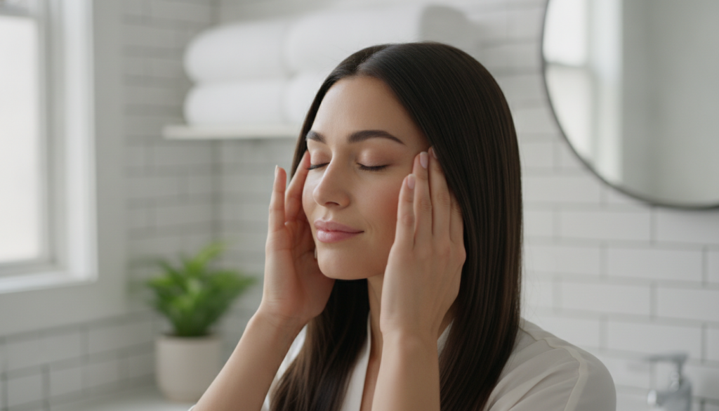 A woman gently massaging her scalp with her fingertips demonstrating the application of the hair elixir with a serene ex