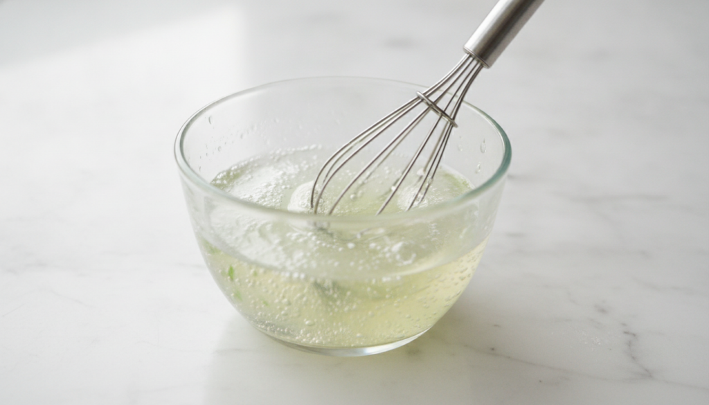Close-up of a small bowl with aloe vera gel apple cider vinegar and jojoba oil being whisked together to form a clear vi