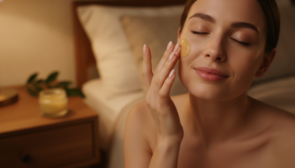 A woman s hand gently applying the homemade Vaseline balm to her cheek at night