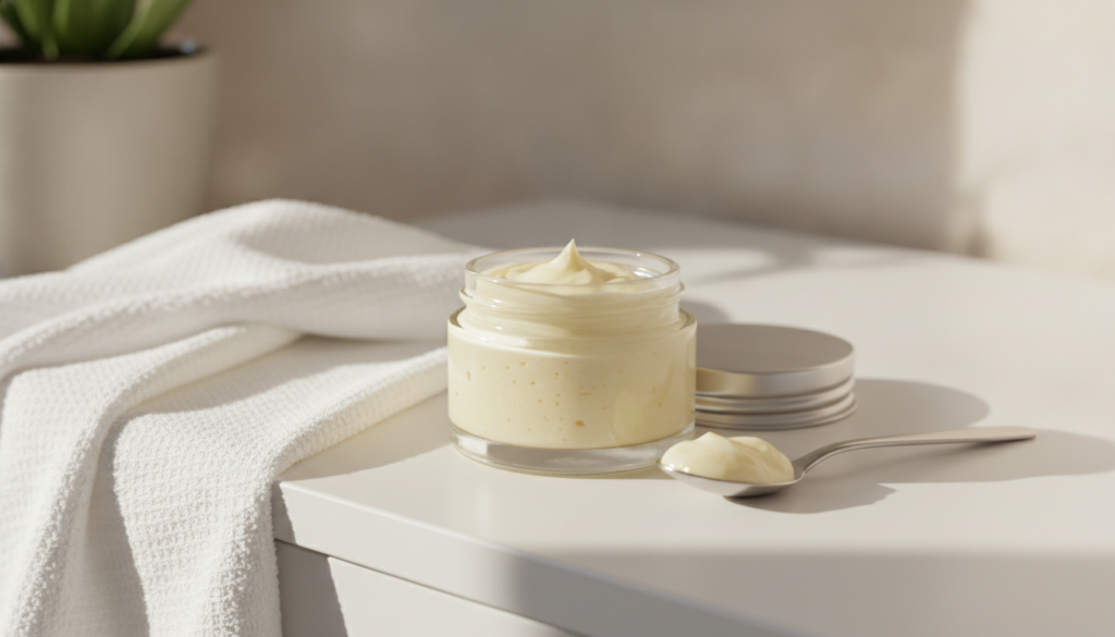 A small glass jar of the homemade Vaseline balm on a vanity table with a soft towel