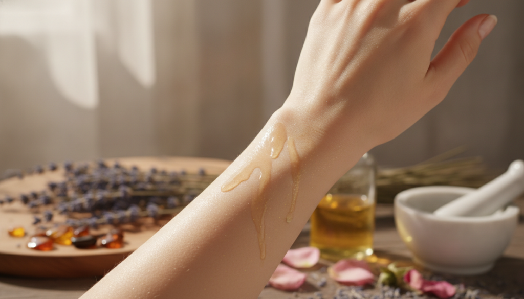 A woman s hand gently massaging the homemade baby oil blend onto her arm showing hydrated and smooth skin