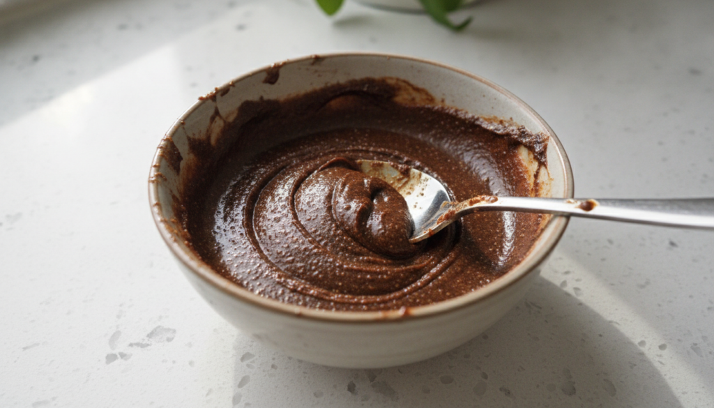 A small bowl containing a dark brown granular coffee and vaseline paste with a spoon mixing the ingredients on a clean c