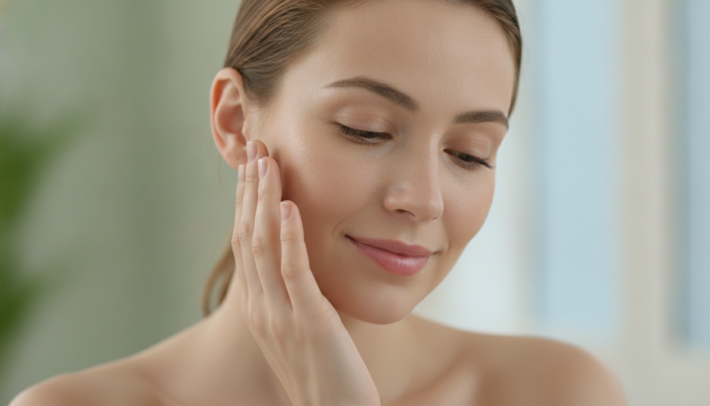 A woman with a fresh radiant complexion gently touching her cheek smiling slightly after using a homemade beauty mask Th