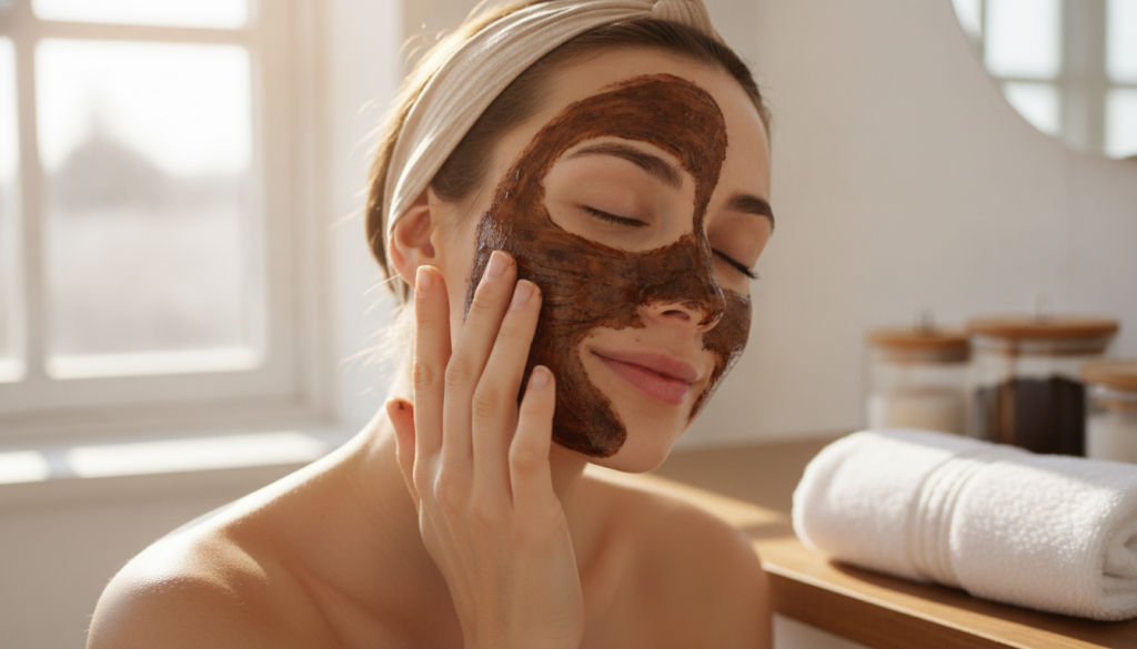 A woman gently applying a dark brown coffee and vaseline mask to her cheek in a well-lit bathroom with a soft clean towe