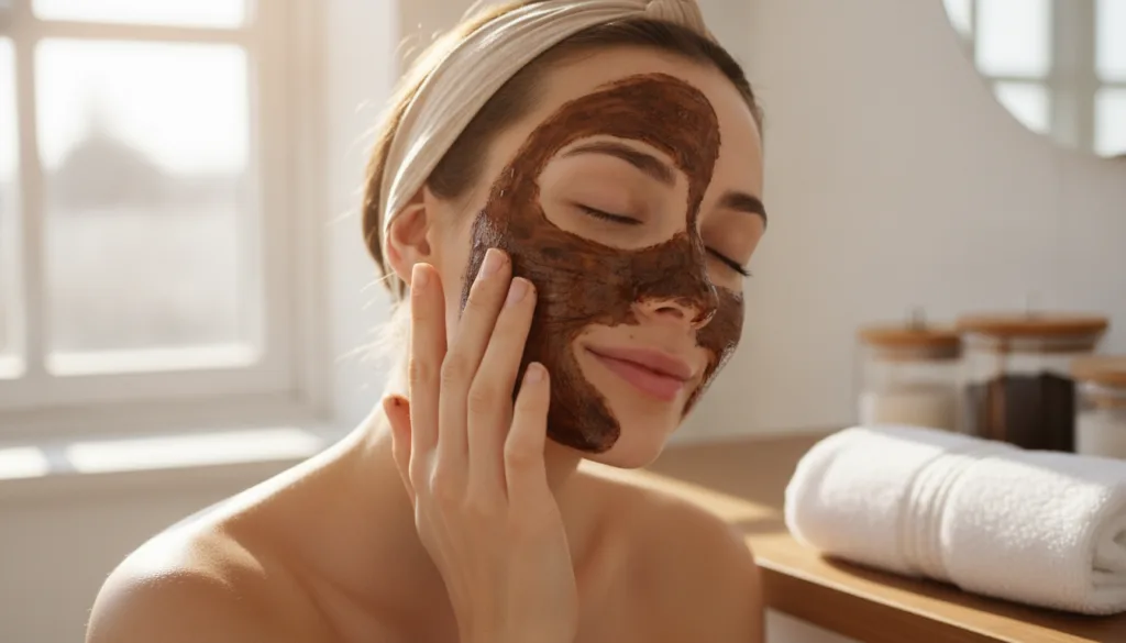 A woman gently applying a dark brown coffee and vaseline mask to her cheek in a well-lit bathroom with a soft clean towe