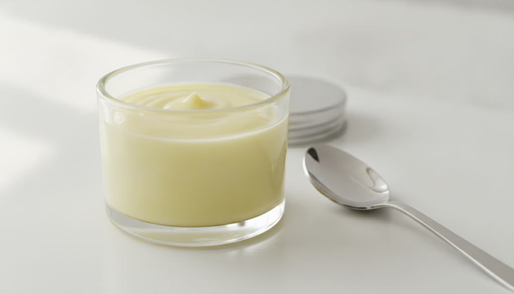 A small glass jar containing the freshly made creamy Vaseline and lime mix with a spoon beside it The mix should appear 