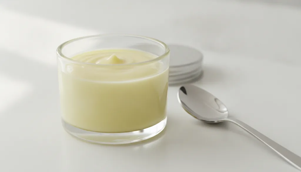 A small glass jar containing the freshly made creamy Vaseline and lime mix with a spoon beside it The mix should appear