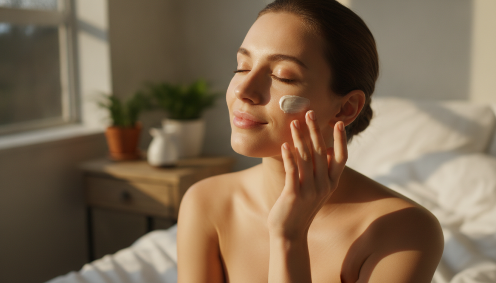 A woman gently applying a small amount of the creamy Vaseline and lime mix to her clean face in the evening Her skin loo
