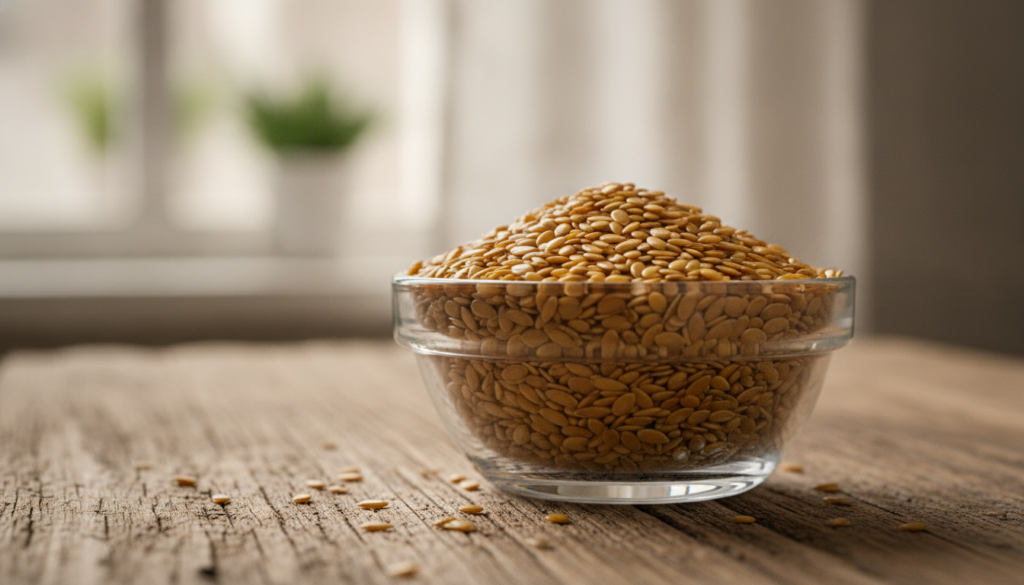 A small glass bowl filled with whole golden flaxseeds on a wooden table ready for use