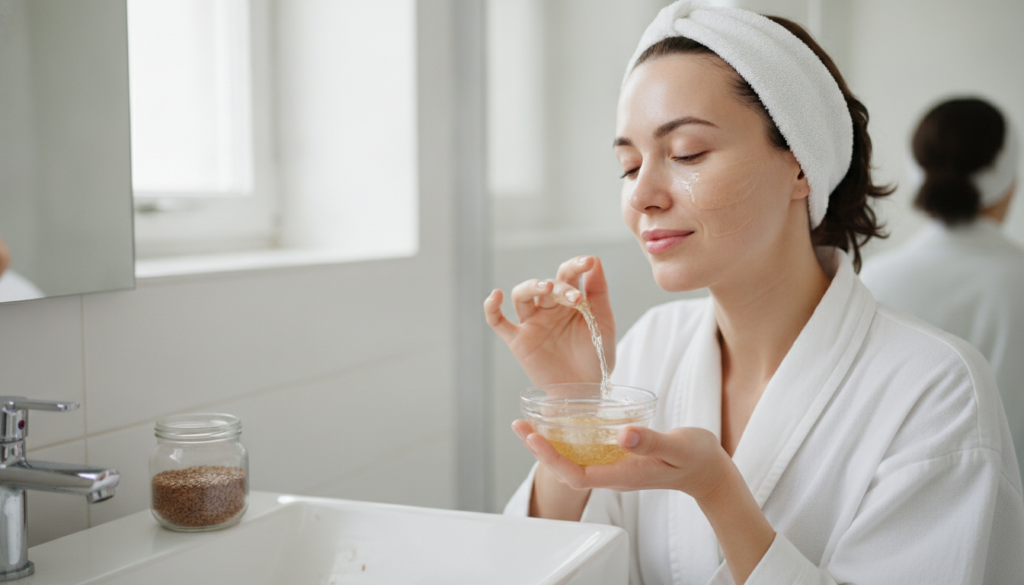 A woman gently applying flaxseed gel to her clean face with her fingertips