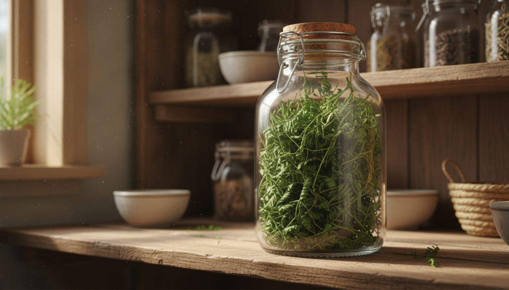 A glass jar filled with dried Mimosa Pudica plant material sealed with a lid and labeled sitting on a wooden shelf in a 