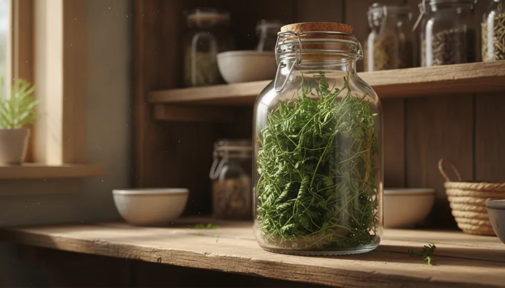 A glass jar filled with dried Mimosa Pudica plant material sealed with a lid and labeled sitting on a wooden shelf in a