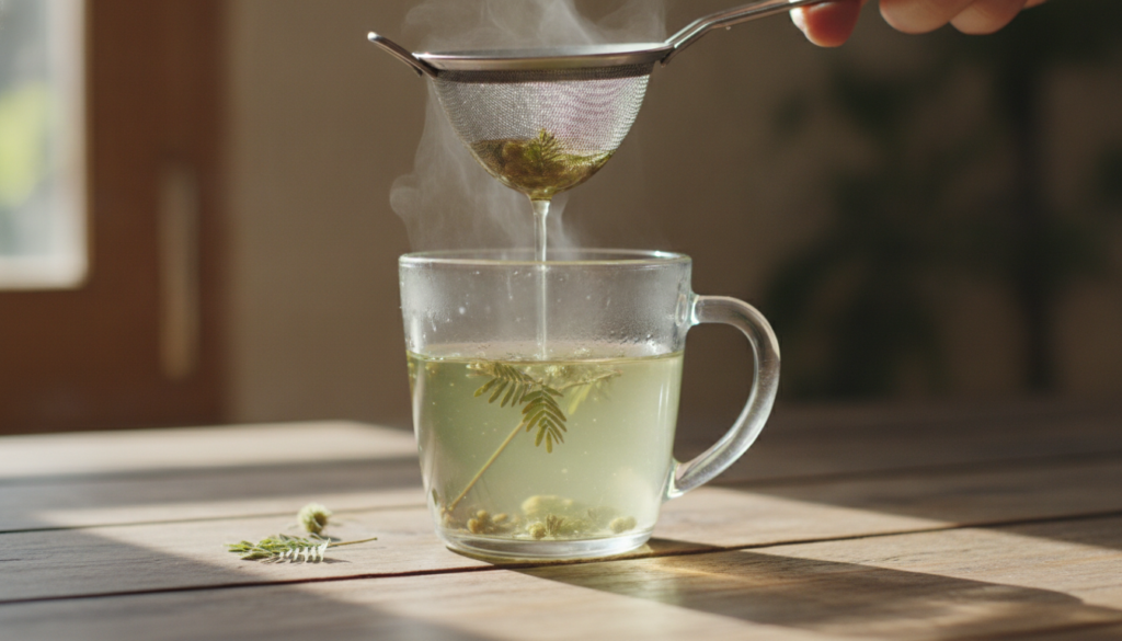 A close-up of Mimosa Pudica tea being strained into a clear mug with steam rising gently from the hot liquid