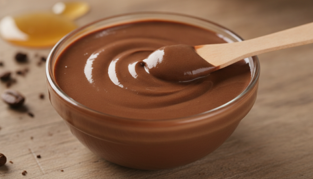 Close-up of a small bowl containing a thick smooth coffee and honey paste ready for application