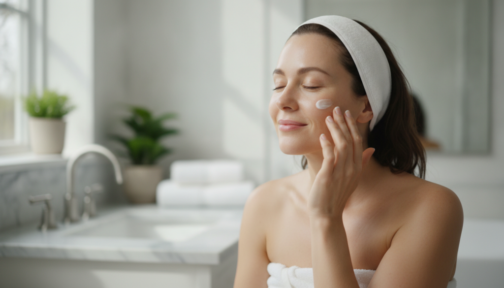 A woman with a glowing fresh complexion applying a small amount of moisturizer after using a face mask