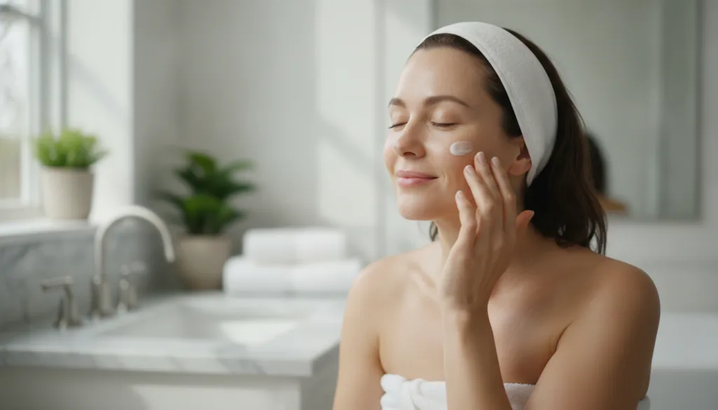 A woman with a glowing fresh complexion applying a small amount of moisturizer after using a face mask