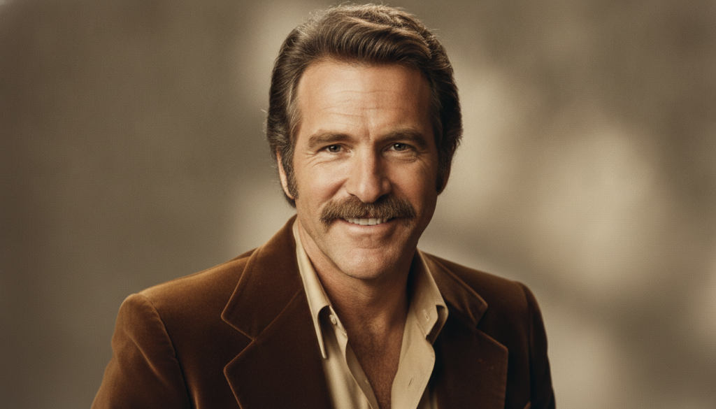 A striking portrait of Burt Reynolds in his prime with his signature mustache and confident smirk embodying the charisma