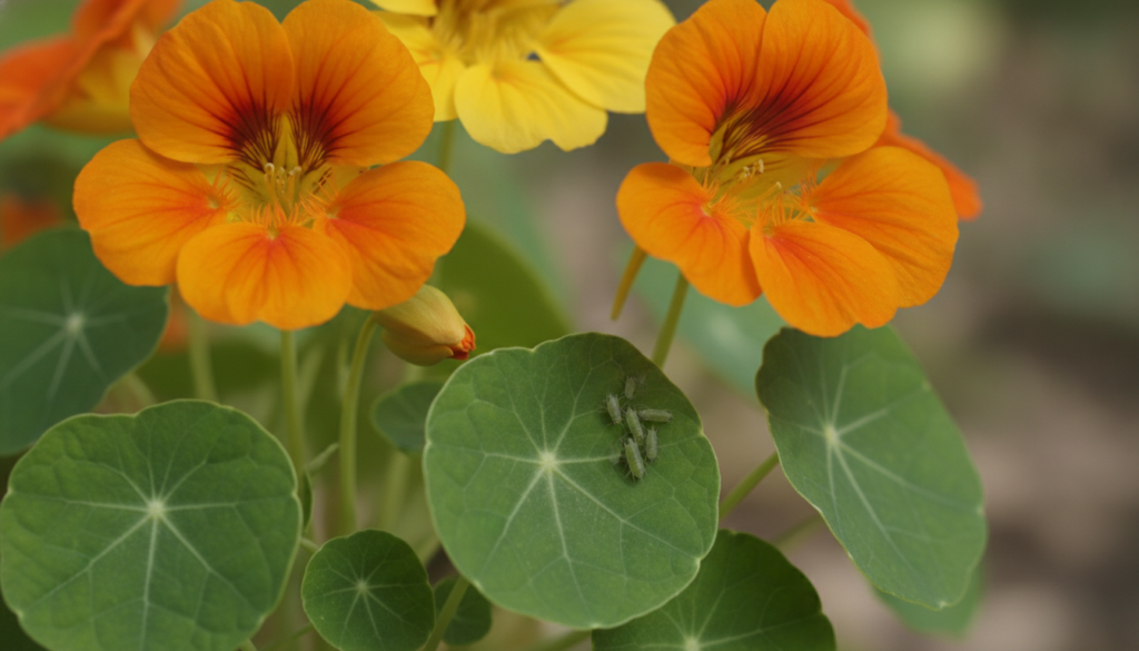 Close-up of bright orange and yellow nasturtium flowers and round leaves with a few aphids visibly congregating on a lea