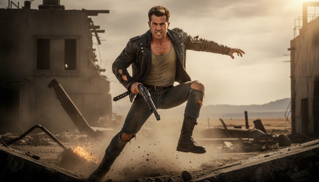 A dynamic image of Mel Gibson from his action star era perhaps from Mad Max or Lethal Weapon