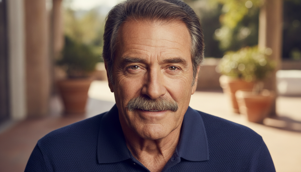 Portrait of Tom Selleck with his iconic mustache looking confident and rugged