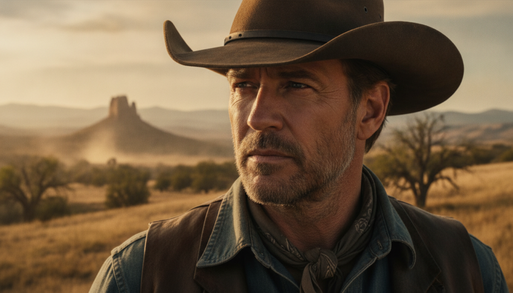 Kevin Costner in a cowboy hat possibly from Yellowstone or Dances with Wolves conveying rugged charm