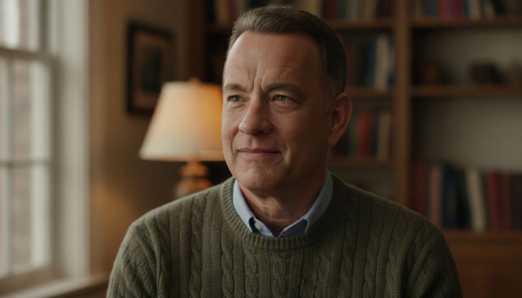 Tom Hanks in a thoughtful or amiable pose representing his beloved public image