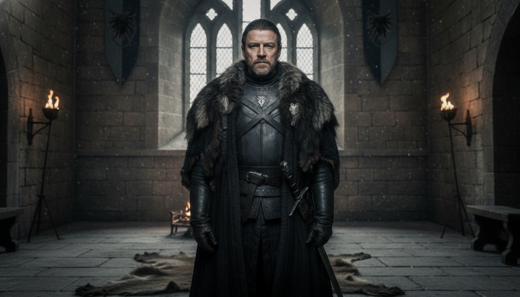 Sean Bean as Ned Stark from Game of Thrones looking stoic and honorable