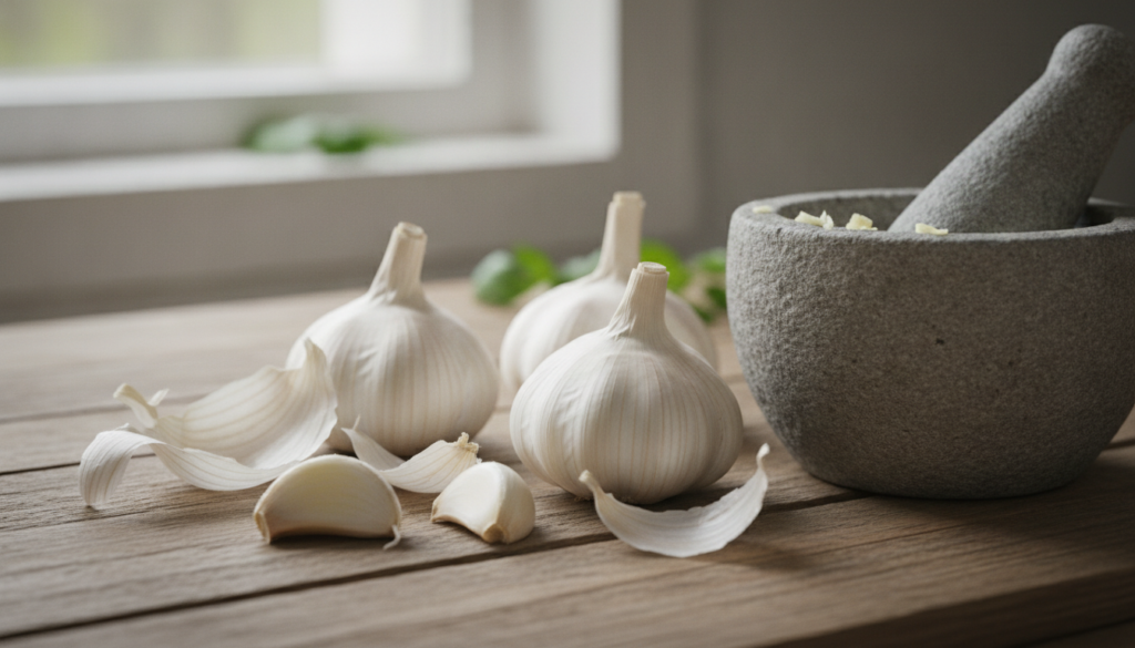 Close-up of fresh garlic cloves some peeled and some unpeeled alongside a small mortar and pestle suggesting preparation