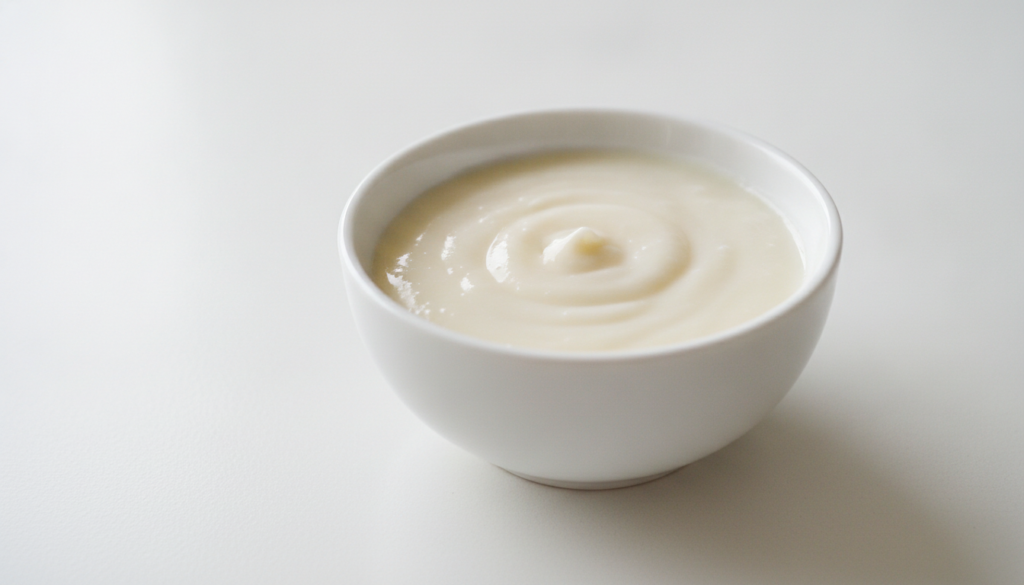 A close-up of the prepared Vaseline and baking soda paste in a small bowl showing its creamy texture