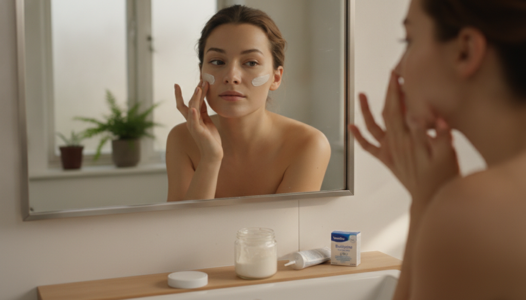 A woman gently applying the Vaseline and baking soda paste to her cheek looking in a mirror