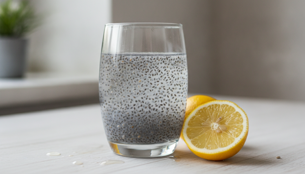 Close-up of a glass of water with soaked chia seeds next to a fresh lemon cut in half