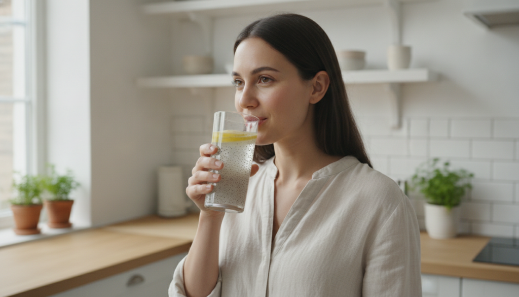 A woman smiling and drinking a glass of lemon chia water in a bright natural setting