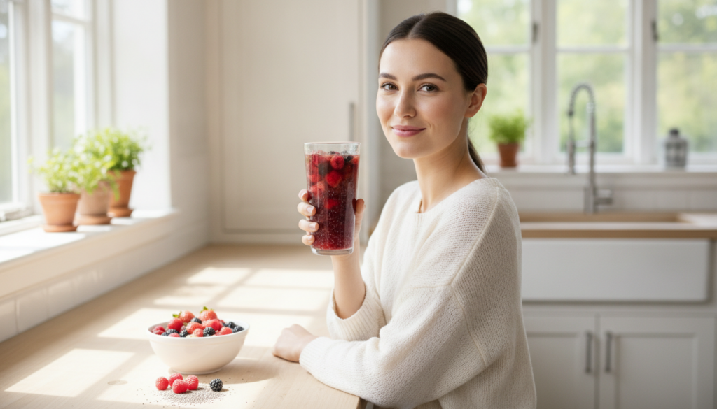 A smiling woman with radiant healthy-looking skin holding a glass of a red berry chia drink and looking happy implying t