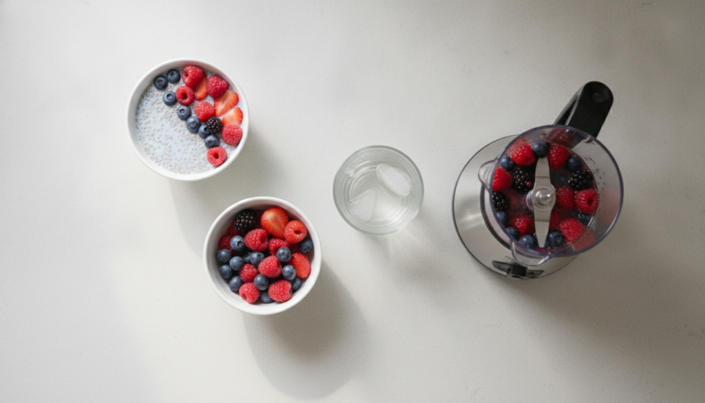 An overhead shot of ingredients laid out a small bowl of chia seeds a bowl of mixed berries a glass of water and a blend