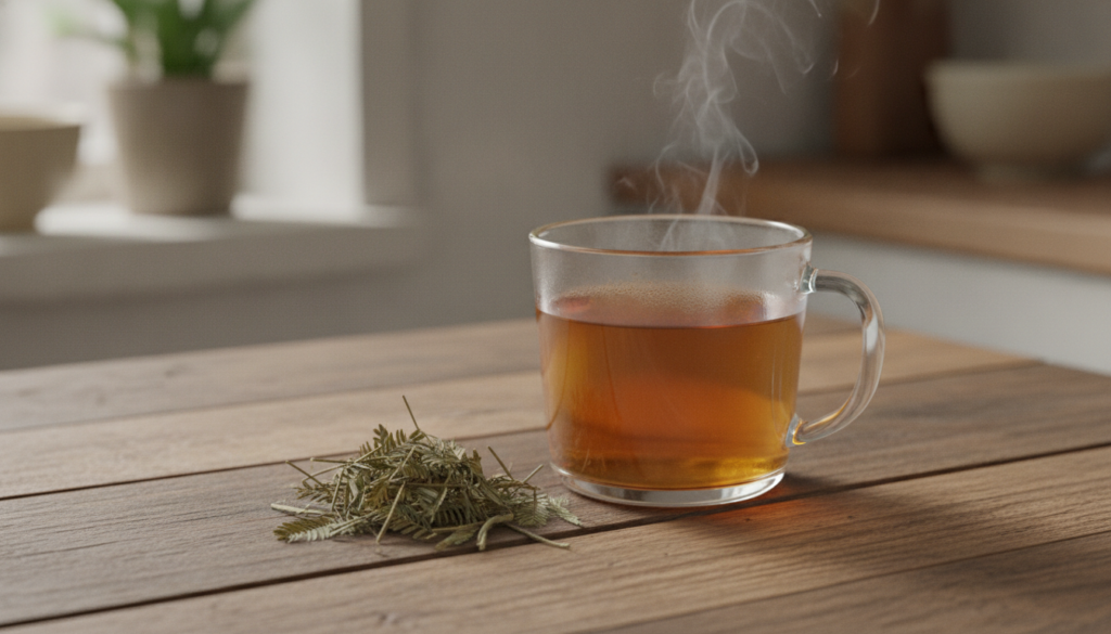 A clear glass mug with amber-colored Mimosa Pudica tea with dried leaves and stems nearby