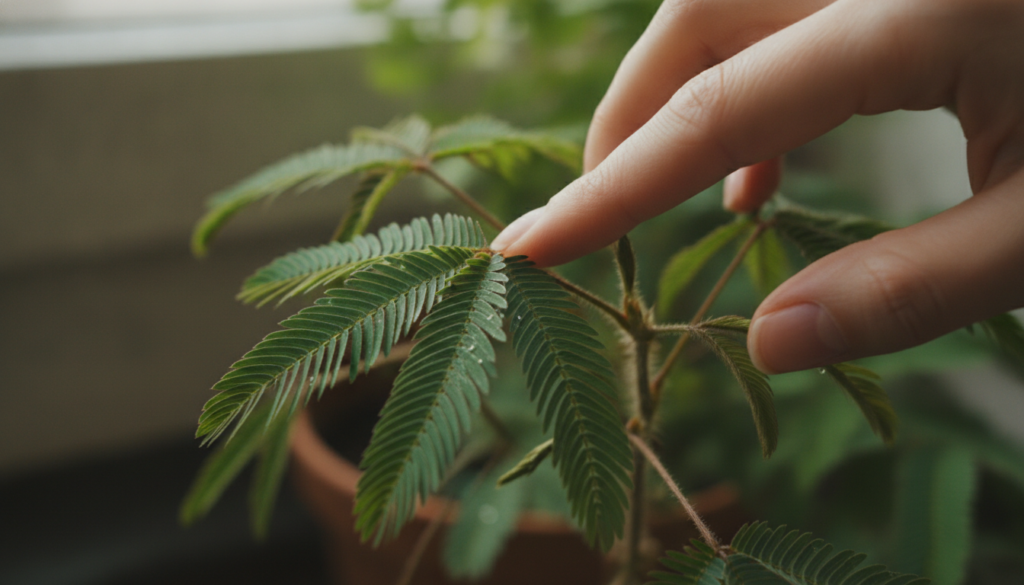 A close-up of Mimosa Pudica leaves in a human hand showcasing the plant s sensitivity