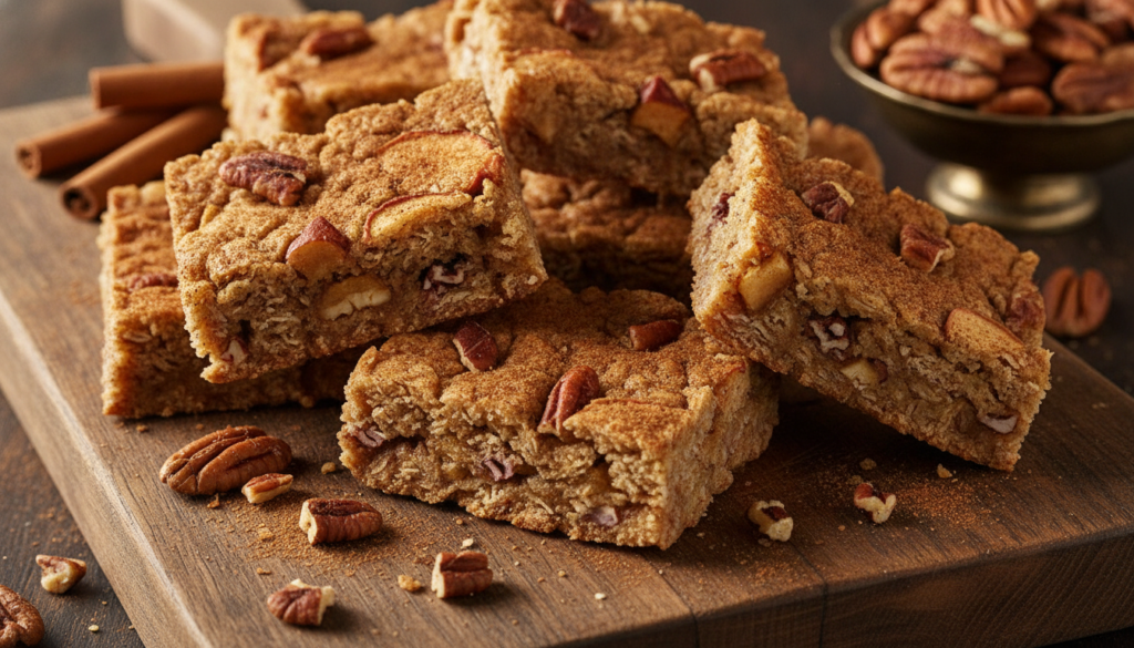 Cozy apple cinnamon pecan granola bars showing dried apple pieces and chopped pecans with a sprinkle of cinnamon on a wo