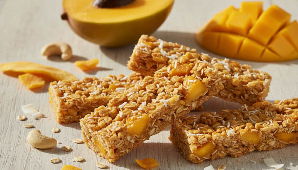 Vibrant tropical mango and coconut granola bars on a light surface with visible dried mango pieces and shredded coconut 