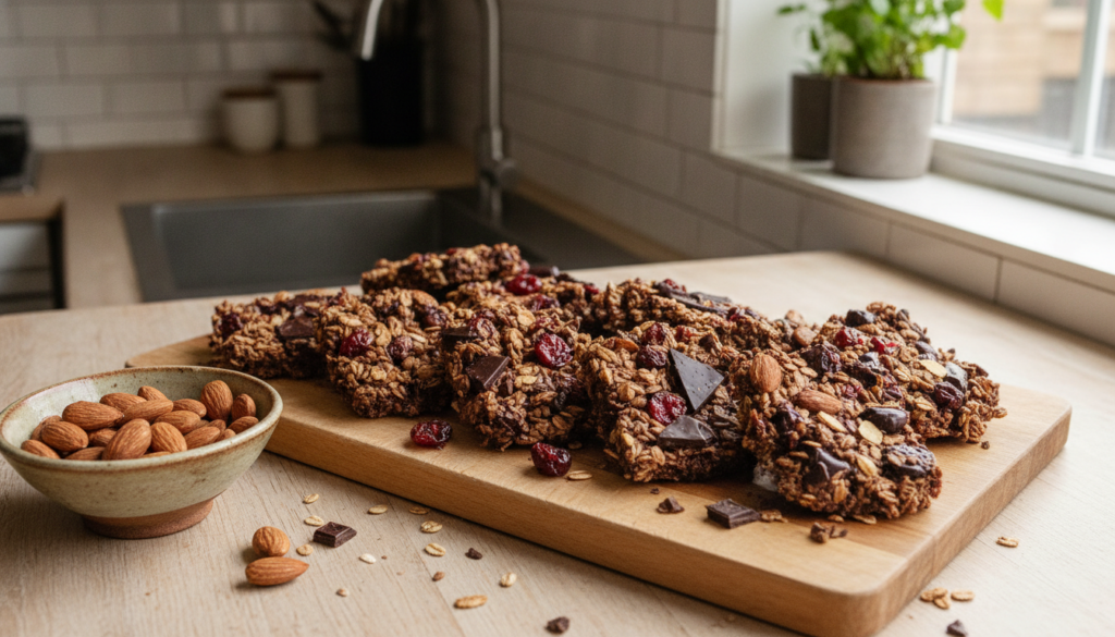 Homemade dark chocolate cherry and almond granola bars showcasing dried cherries and dark chocolate chunks with whole al
