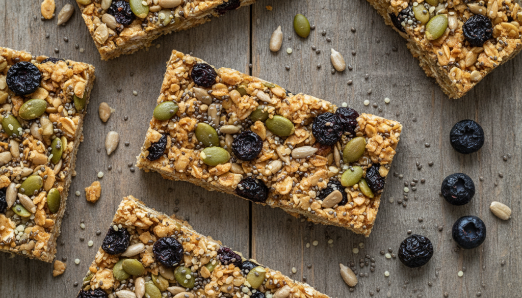 Nut-free seeded superfood granola bars featuring a mix of pumpkin sunflower and hemp seeds along with dried blueberries 