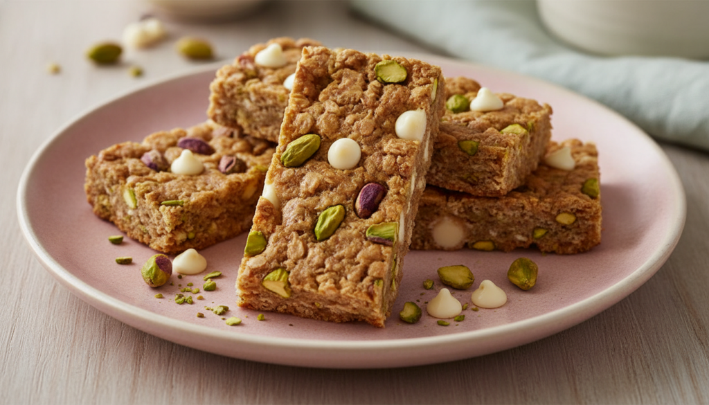 Elegant white chocolate and pistachio granola bars with visible green pistachios and white chocolate chips on a pastel-c