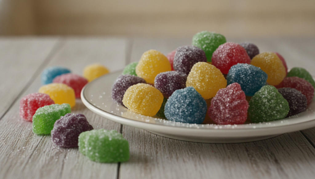 A variety of colorful homemade fruit jelly candies coated in sugar arranged artfully on a white plate or wooden board re