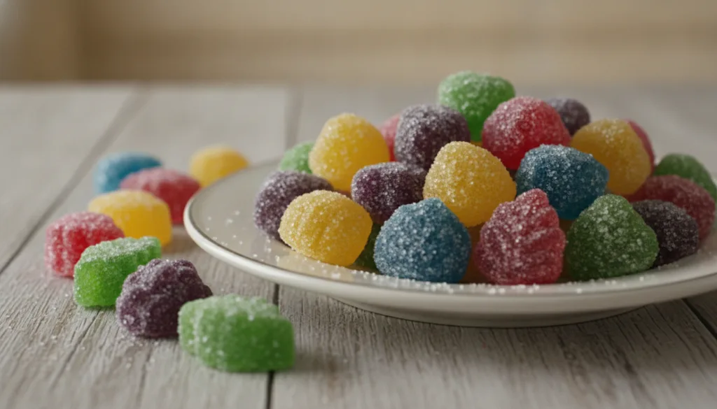A variety of colorful homemade fruit jelly candies coated in sugar arranged artfully on a white plate or wooden board re