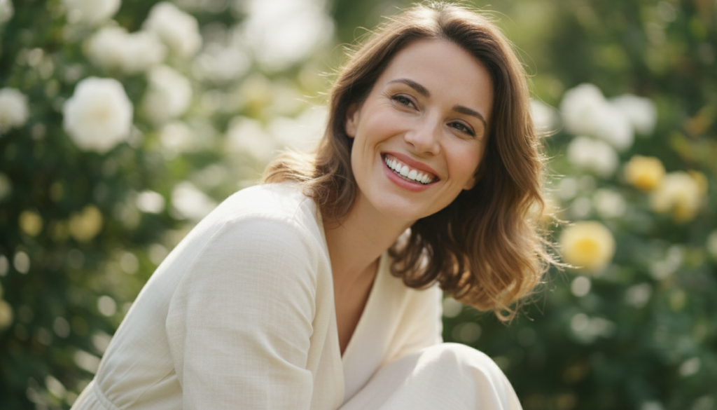 A smiling woman showing off her bright clean teeth looking confident