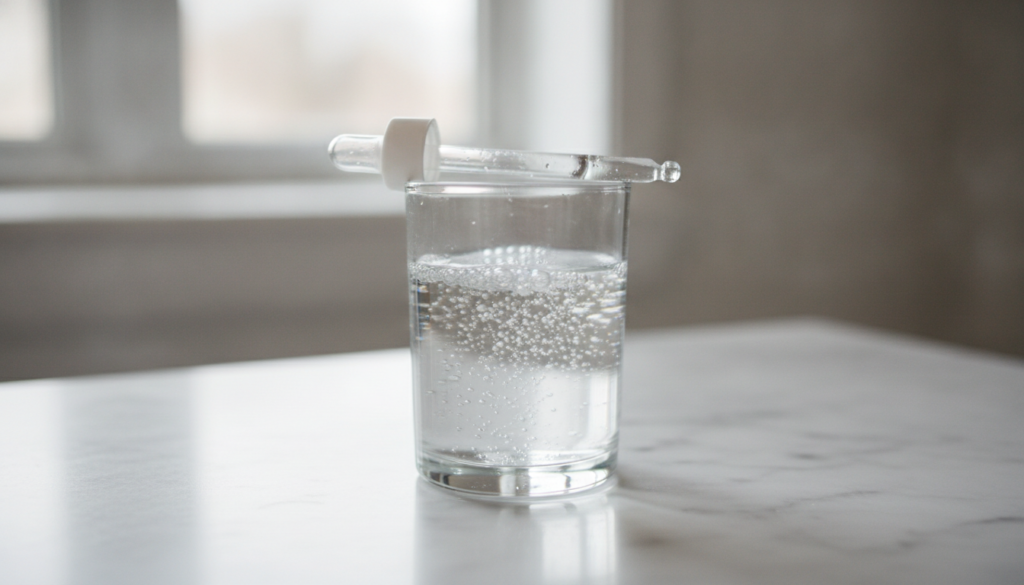 A small glass with diluted hydrogen peroxide and a dropper ready for use